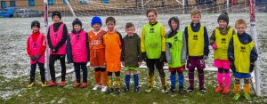 Young children after playing football in the snow